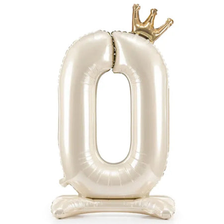 Folienballon ZAHL "0" mit Krone und Standfuß cream