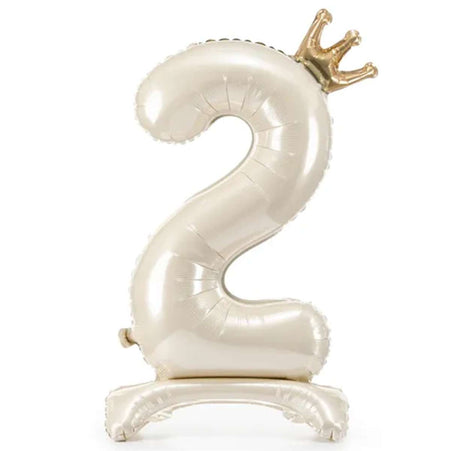 Folienballon ZAHL "2" mit Krone und Standfuß cream