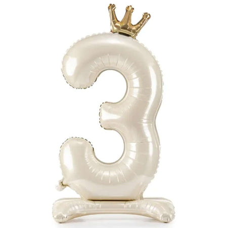 Folienballon ZAHL "3" mit Krone und Standfuß cream