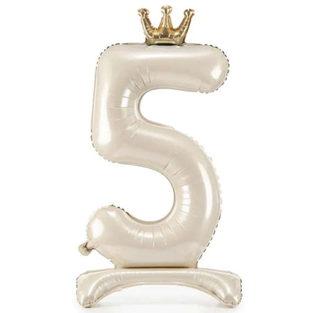 Folienballon ZAHL "5" mit Krone und Standfuß cream