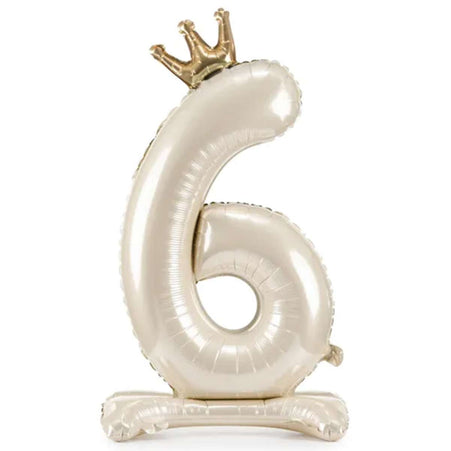 Folienballon ZAHL "6" mit Krone und Standfuß cream