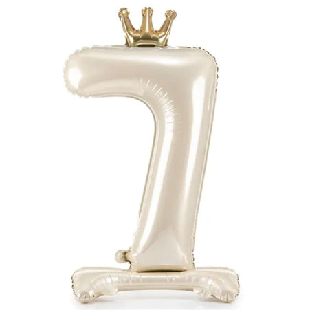 Folienballon ZAHL "7" mit Krone und Standfuß cream