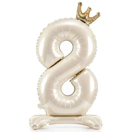 Folienballon ZAHL "8" mit Krone und Standfuß cream