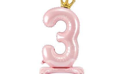 Folienballon ZAHL "3" mit Krone und Standfuß rosa