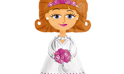 Hochzeits-Folienballon in Brautform mit rotem Haar, weißem Kleid mit Muster, rosa Blumenkranz und passendem Brautstrauß.