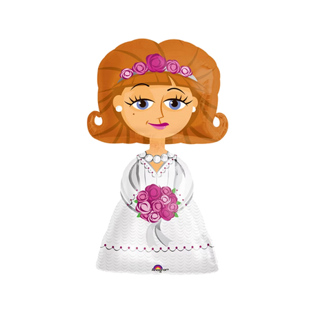 Hochzeits-Folienballon in Brautform mit rotem Haar, weißem Kleid mit Muster, rosa Blumenkranz und passendem Brautstrauß.