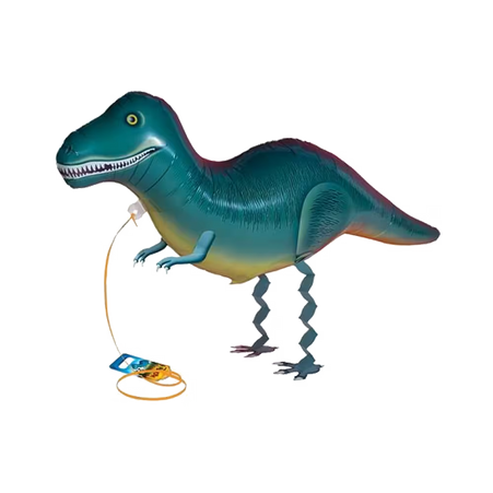 Laufender Airwalker Ballon in Form eines blauen Dinosauriers mit scharfen Zähnen