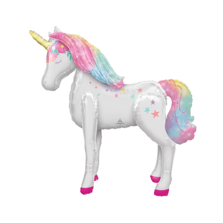 Airwalker-Folienballon in Einhornform mit weißem Körper, goldenem Horn, rosa Hufen und regenbogenfarbener Mähne und Schweif.