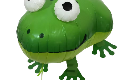 Laufender Airwalker Ballon in Form eines Frosches in grün mit aufgesetzten Augen