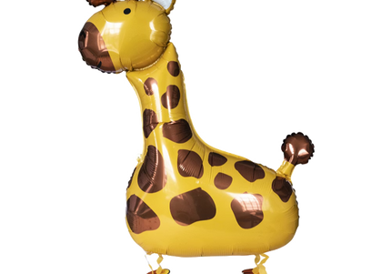 Laufender Airwalker Ballon in Form eines gelben Giraffe mit braunen Flecken
