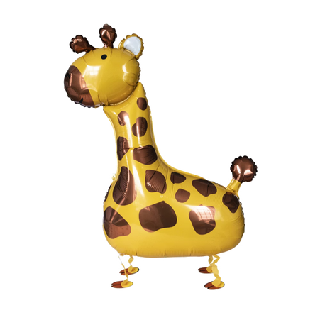 Laufender Airwalker Ballon in Form eines gelben Giraffe mit braunen Flecken