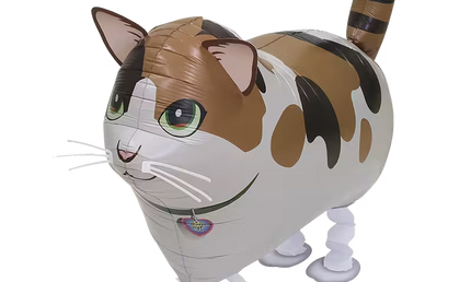 Laufender Airwalker Ballon in Form einer bunt gefleckten Katze