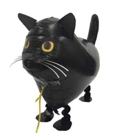 Laufender Airwalker Ballon in Form einer schwarzen Katze mit gelben Augen