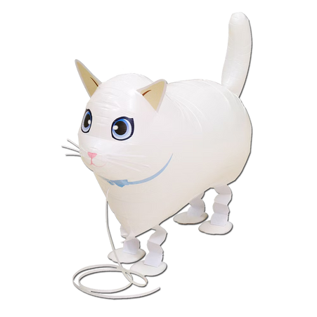 Laufender Airwalker Ballon in Form einer weißen Katze mit blauem Halsband