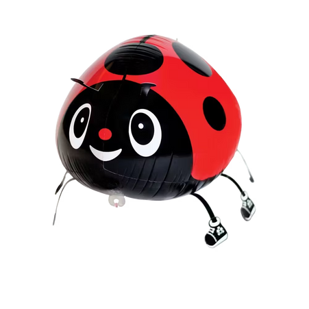 Laufender Airwalker Ballon in Form eines Marienkäfers mit Turnschuhen, rot mit schwarzen Punkten