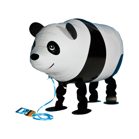 Laufender Airwalker Ballon in Form eines Panda in Schwarz-Weiß.
