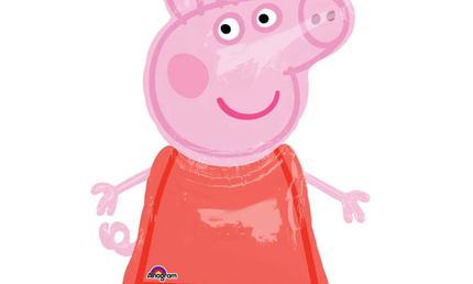 Stehender Airwalker-Folienballon in Form eines lachenden Schweinchens im roten Kleid aus der Serie „Peppa Pig“.