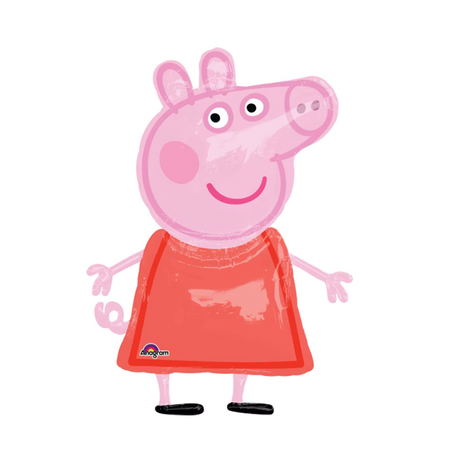Stehender Airwalker-Folienballon in Form eines lachenden Schweinchens im roten Kleid aus der Serie „Peppa Pig“.