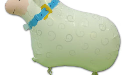 Laufender Airwalker Ballon in Form eines Schafs in weiß mit blauem Halsband