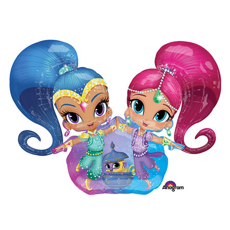 Folienballon mit zwei Comic-Figuren mit großen Augen, eine mit blauem Haar und eine mit pinkem Haar, in farbenfrohen orientalisch inspirierten Outfits.