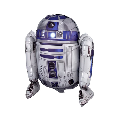 Stehender Folienballon in Form des silber-blauen Roboters R2-D2, aus dem Film Star Wars, mit zylindrischem Körper und seitlichen Armen.