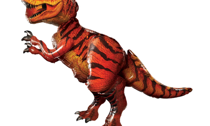Airwalker-Folienballon in Gestalt eines T-Rex mit orange-roter Farbgebung, schwarzen Streifen, scharfen Zähnen und erhobenen Klauen.