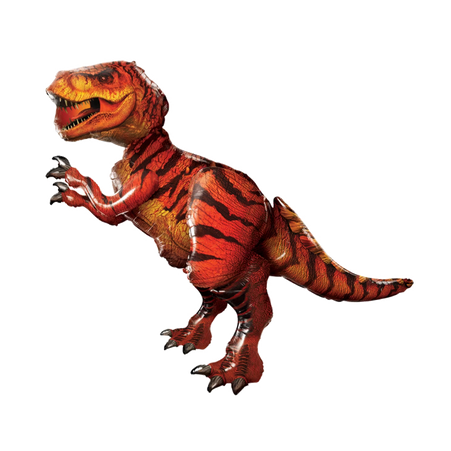 Airwalker-Folienballon in Gestalt eines T-Rex mit orange-roter Farbgebung, schwarzen Streifen, scharfen Zähnen und erhobenen Klauen.