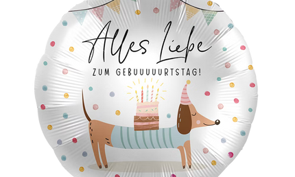 Alles Liebe zum Geburtstag Dackel Folienballon rund von Premioloon mit Torte und bunten Punkten niedlicher Geburtstagsballon