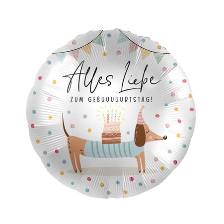 Alles Liebe zum Geburtstag Dackel Folienballon rund von Premioloon mit Torte und bunten Punkten niedlicher Geburtstagsballon