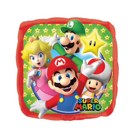 43cm Anagram Super Mario Folienballon quadratisch mit Mario, Luigi, Peach und Toad für Kindergeburtstag