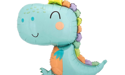 Niedlicher Babysaurus Dino Folienballon in Türkis mit bunten Rückenplatten und Krone für Kindergeburtstag