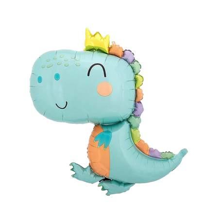 Niedlicher Babysaurus Dino Folienballon in Türkis mit bunten Rückenplatten und Krone für Kindergeburtstag