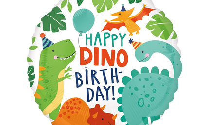 Bunter Dino Folienballon Happy Dino Birthday mit Dinosauriern und Blättern für Kindergeburtstag