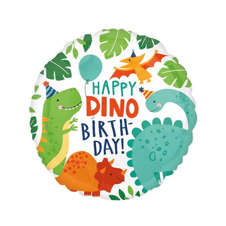 Bunter Dino Folienballon Happy Dino Birthday mit Dinosauriern und Blättern für Kindergeburtstag