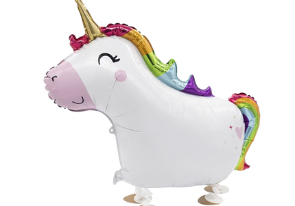Stehender Einhorn Airwalker Folienballon mit Regenbogen Mähne und goldenem Horn für Kindergeburtstag
