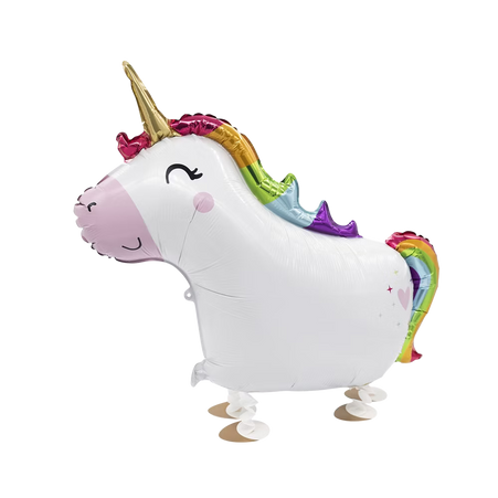 Stehender Einhorn Airwalker Folienballon mit Regenbogen Mähne und goldenem Horn für Kindergeburtstag