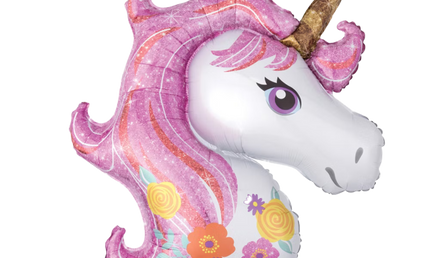 Einhorn Folienballon mit rosa Glitzer-Mähne, Blumenmotiv und goldenem Horn – Unicorn Heliumballon für Kindergeburtstag, Einhornparty oder Mädchen Deko