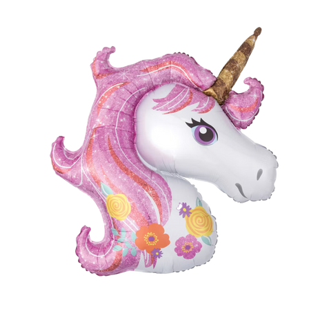 Einhorn Folienballon mit rosa Glitzer-Mähne, Blumenmotiv und goldenem Horn – Unicorn Heliumballon für Kindergeburtstag, Einhornparty oder Mädchen Deko