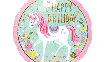 Rückseite Einhorn Happy Birthday Folienballon mit Blumen und Glitzeroptik Kindergeburtstag