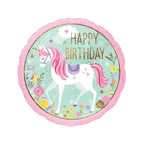 Rückseite Einhorn Happy Birthday Folienballon mit Blumen und Glitzeroptik Kindergeburtstag