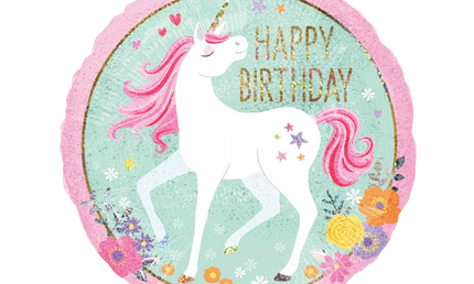Runder Einhorn Happy Birthday Folienballon mit Blumen Glitzeroptik heliumgeeignet Kindergeburtstag