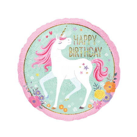 Runder Einhorn Happy Birthday Folienballon mit Blumen Glitzeroptik heliumgeeignet Kindergeburtstag