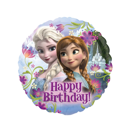 Runder Die Eiskönigin - Frozen Folienballon mit Elsa und Anna und Happy Birthday Schriftzug für Kindergeburtstag
