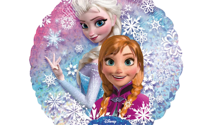 Runder Die Eiskönigin - Frozen Folienballon mit Elsa und Anna vor Schneeflocken Hintergrund für Kindergeburtstag