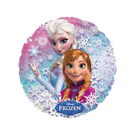 Runder Die Eiskönigin - Frozen Folienballon mit Elsa und Anna vor Schneeflocken Hintergrund für Kindergeburtstag