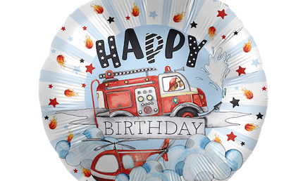Runder Feuerwehr Folienballon Happy Birthday mit Feuerwehrauto Sterne heliumgeeignet Kindergeburtstag