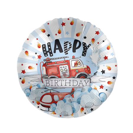 Runder Feuerwehr Folienballon Happy Birthday mit Feuerwehrauto Sterne heliumgeeignet Kindergeburtstag