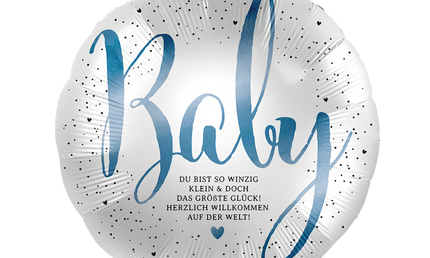 Folienballon Baby mit blauem Schriftzug und Spruch zur Geburt, willkommen auf der Welt, stilvolle Deko