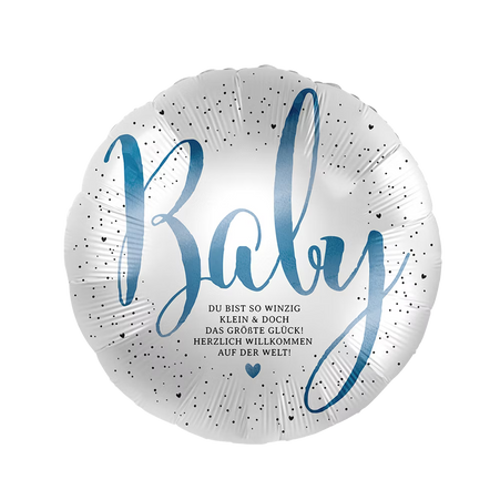 Folienballon Baby mit blauem Schriftzug und Spruch zur Geburt, willkommen auf der Welt, stilvolle Deko