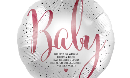 Folienballon Baby mit rosa Schriftzug und Spruch zur Geburt, willkommen auf der Welt, elegante Deko